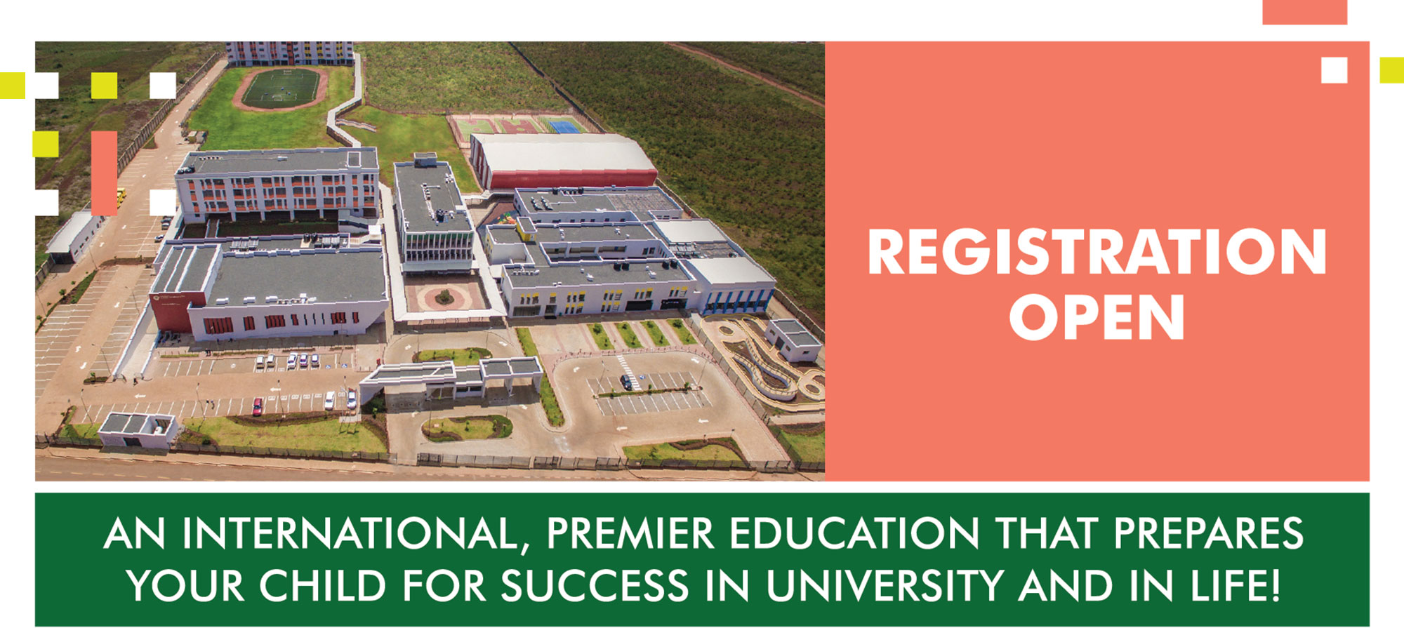 Registration Open Banner with a picture of the school campus